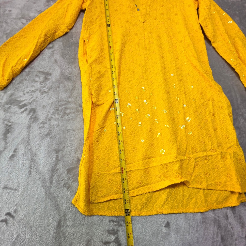 Sojanya Yellow Sequin Embroidered Kurta Tunic Mandarin Collar Two Pockets Size S - Picture 5 of 6